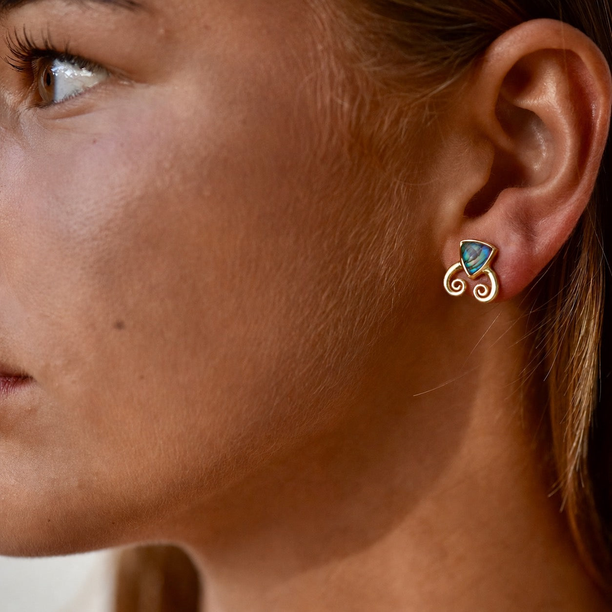 Trillion Doublet and Scroll Studs: Abalone with Crystal