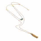 Athena Gemstone Layered Tassel Necklace : Labradorite & Pink Chalcedony