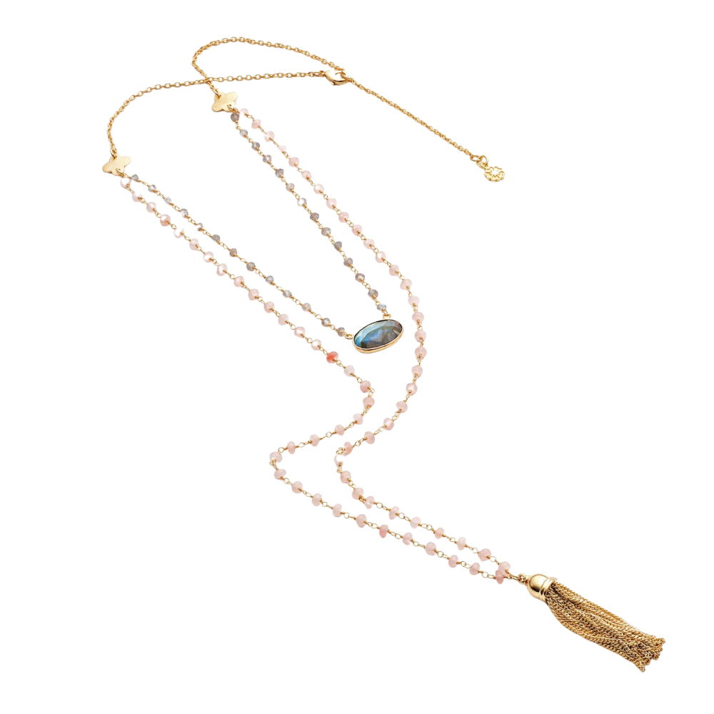 Athena Gemstone Layered Tassel Necklace : Labradorite & Pink Chalcedony