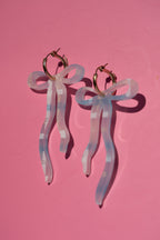 Baby Blue Tartan Dangly Bow Hoop Earrings