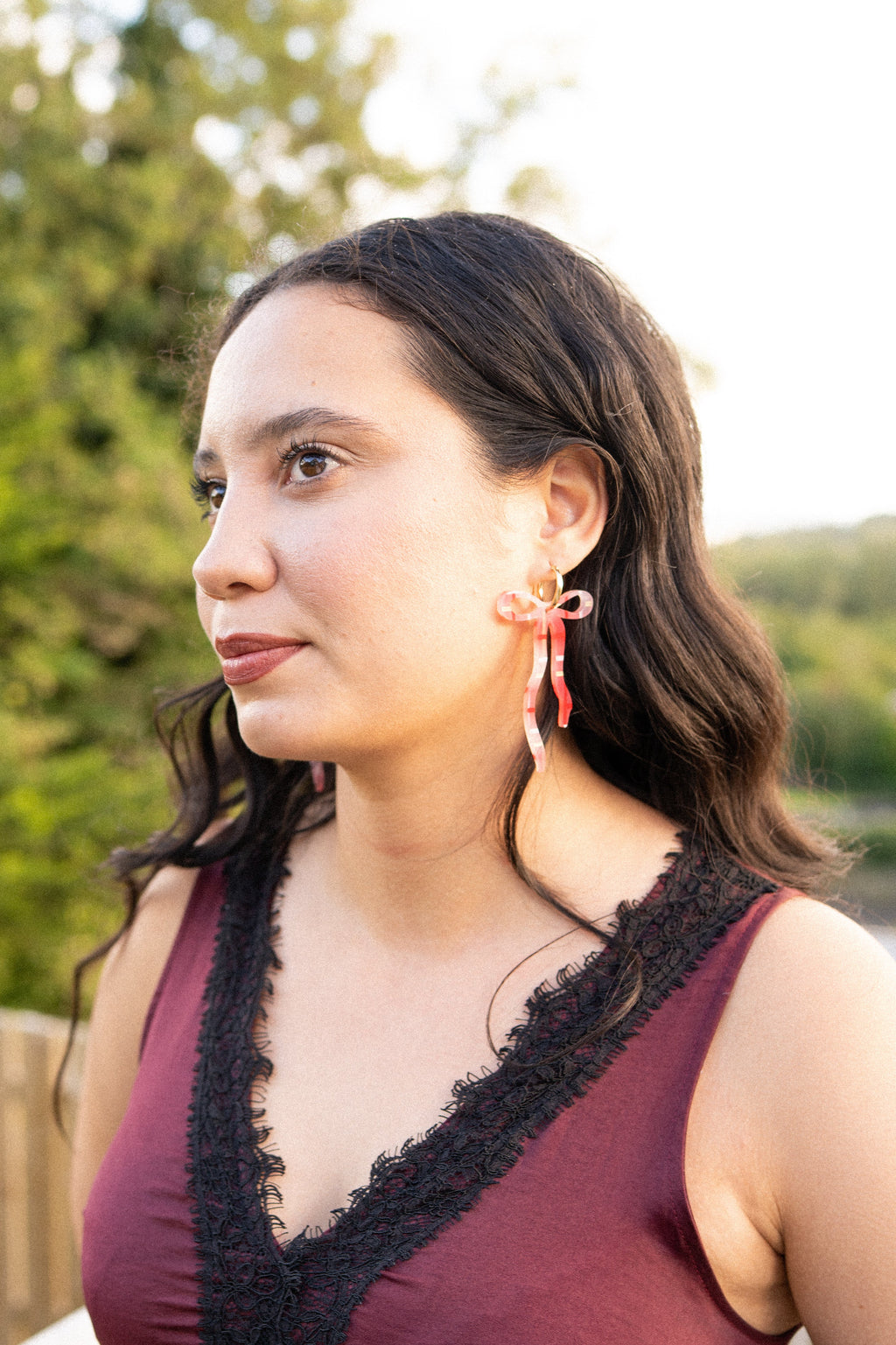 Pink Tartan Dangly Bow Hoop Earrings