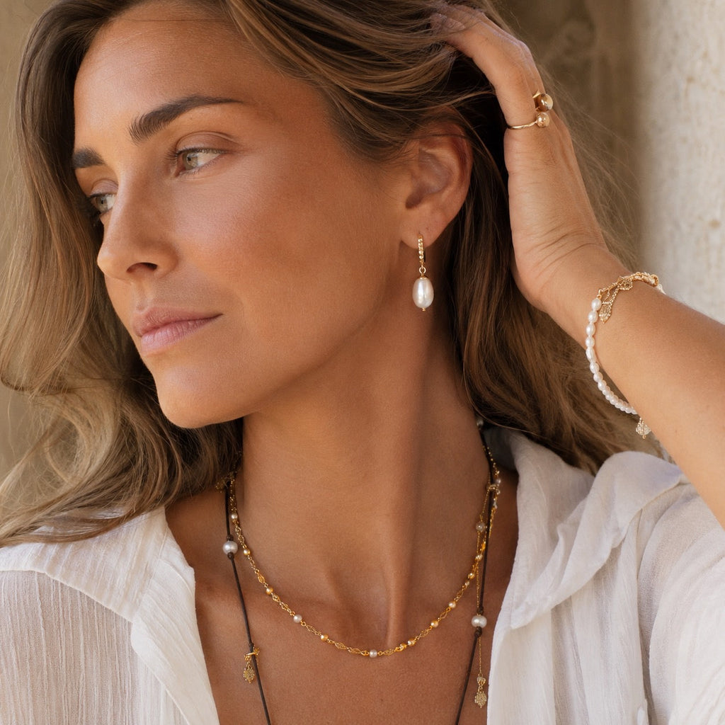 Diani Studded Huggie Drop Pearl Earrings