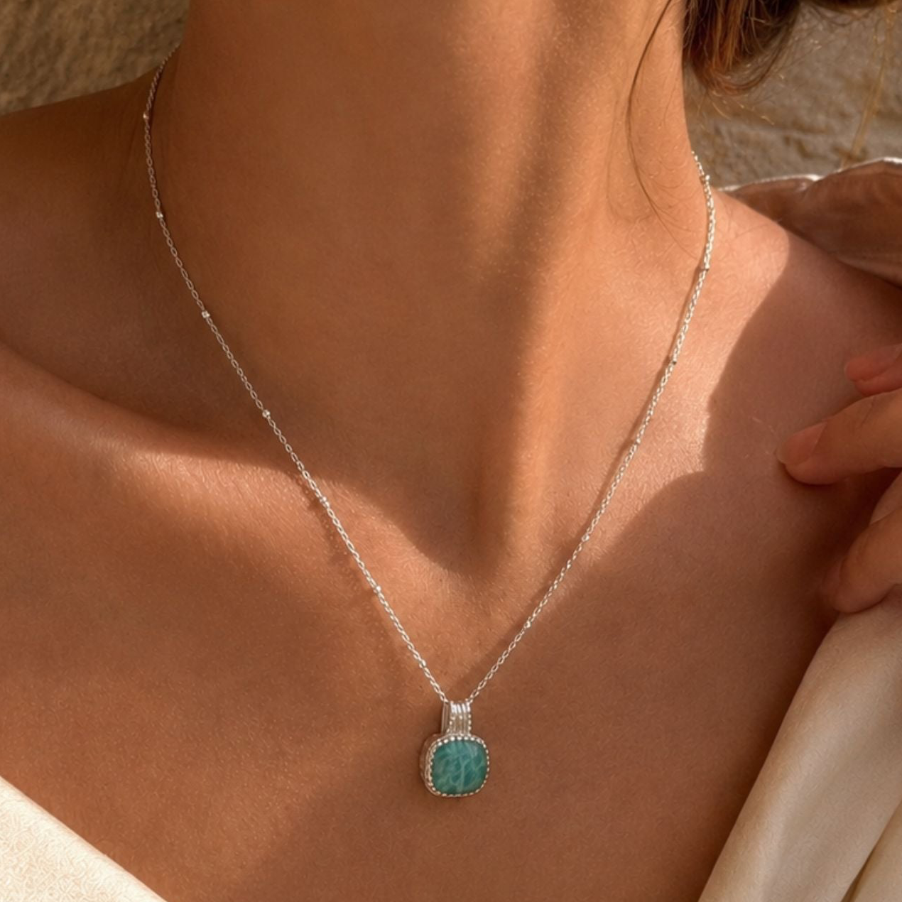 Tetra Square Gemstone Pendant Silver Amazonite