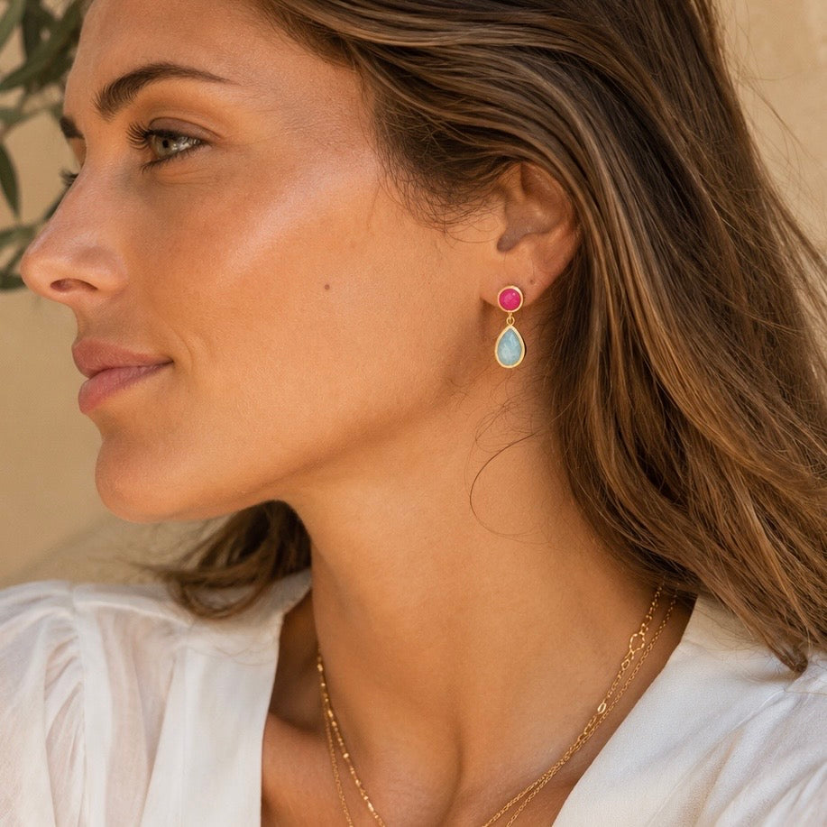Iris Double Gemstone Drop Earrings with Fuchsia Onyx & Amazonite