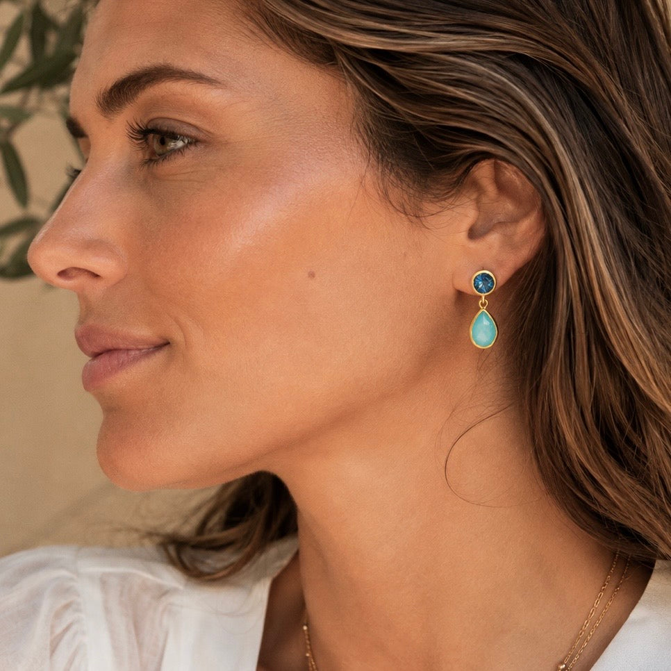 Iris Double Gemstone Drop Earrings with Pariba Onyx & Iolite