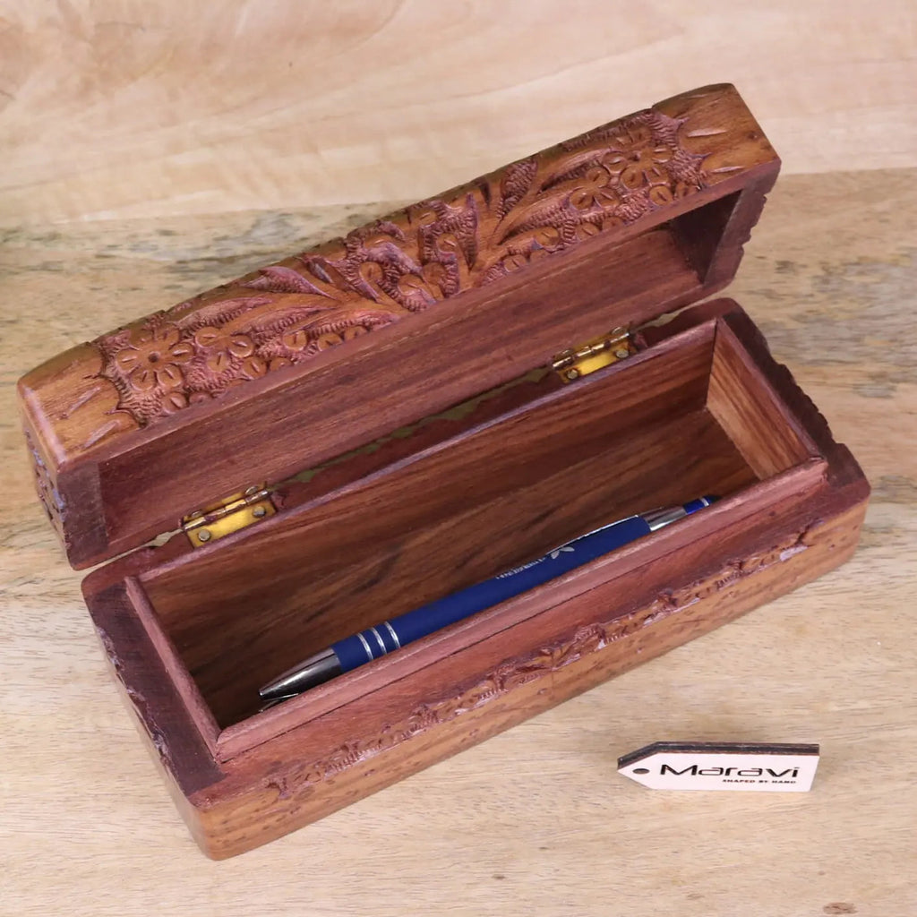 Daipur Sheesham Wood Pen Box Hand Carved
