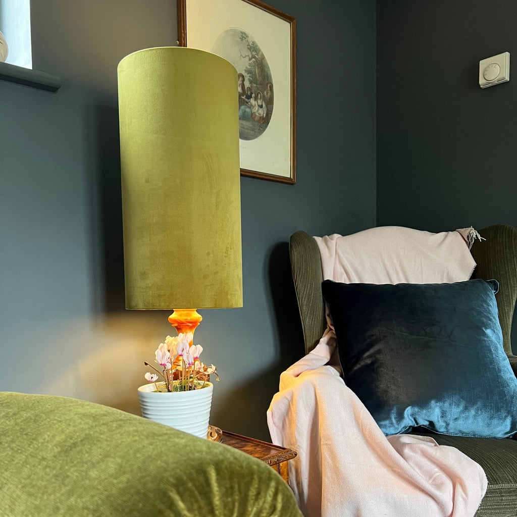 Olive Green Velvet Cylinder Lampshade | Extra Tall Drum Light Shade | Handmade UK