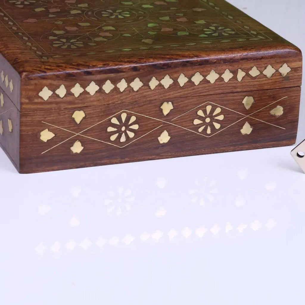 Lila Sheesham Wood Trinket Box Brass Inlay