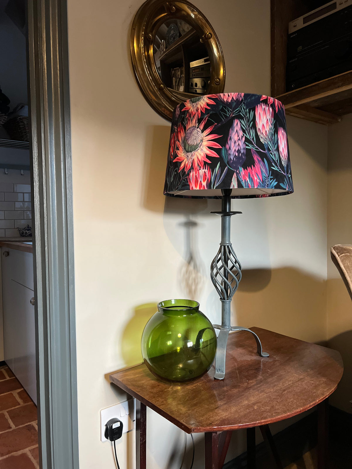 Black & Pink Botanical Velvet Lampshade | French Drum Ceiling Light Shade | Bespoke Handmade Empire Lampshade
