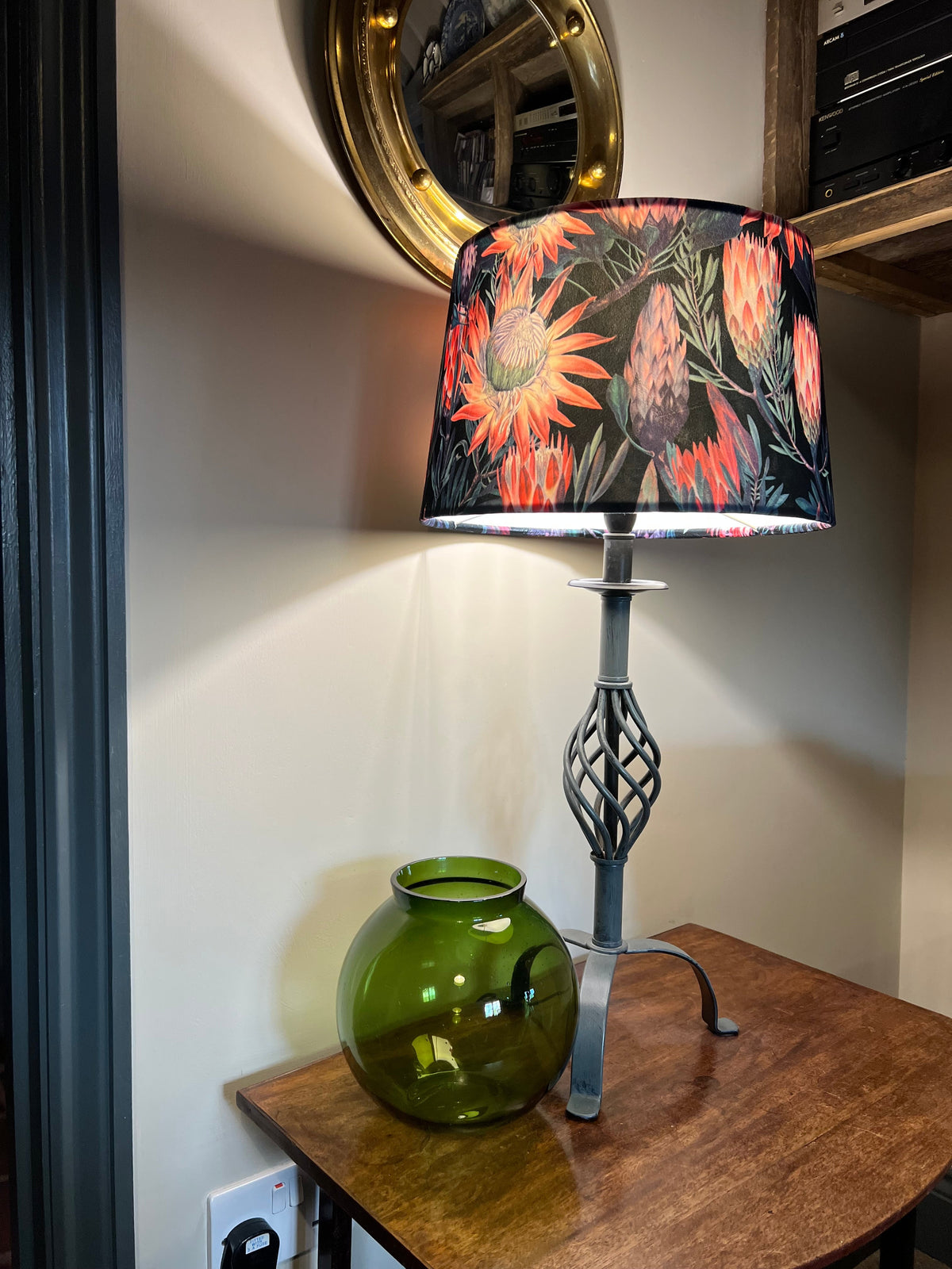 Black & Pink Botanical Velvet Lampshade | French Drum Ceiling Light Shade | Bespoke Handmade Empire Lampshade