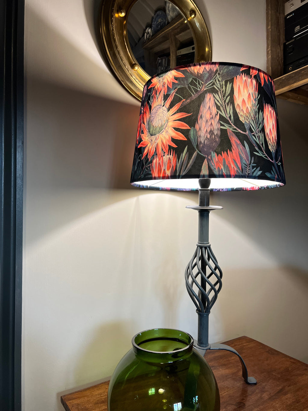 Black & Pink Botanical Velvet Lampshade | French Drum Ceiling Light Shade | Bespoke Handmade Empire Lampshade
