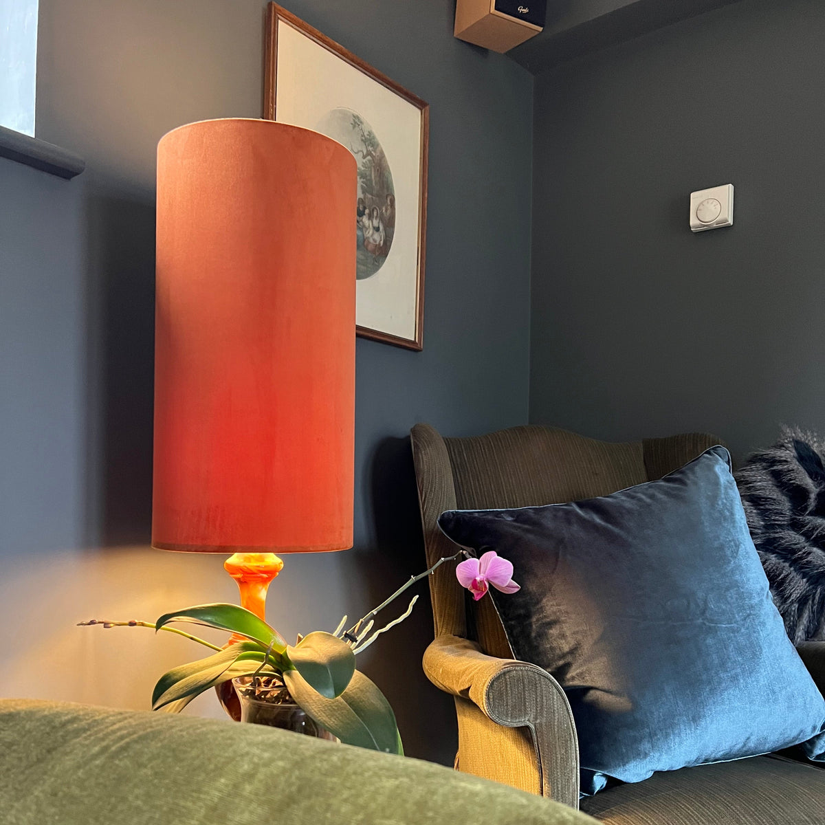 Burnt Orange Velvet Cylinder Lampshade | Extra Tall Drum Light Shade | Handmade UK