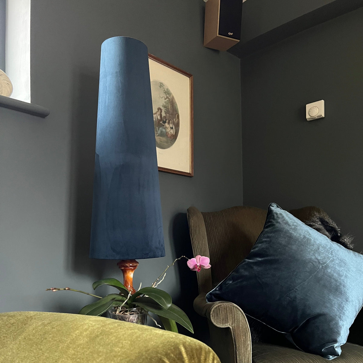 Navy Velvet Lampshade | Extra Tall Cone Light Shade | Bespoke Handmade UK