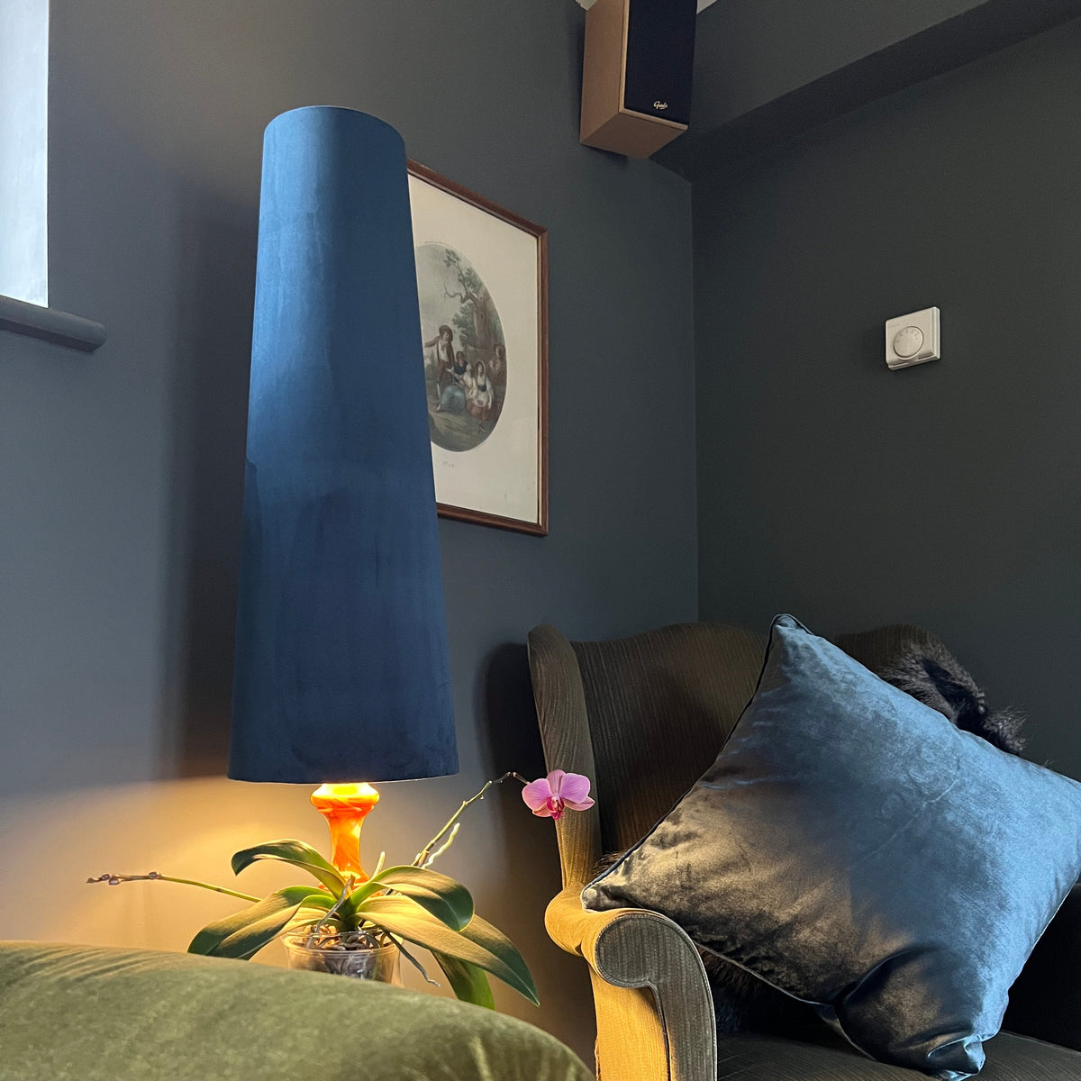 Navy Velvet Lampshade | Extra Tall Cone Light Shade | Bespoke Handmade UK
