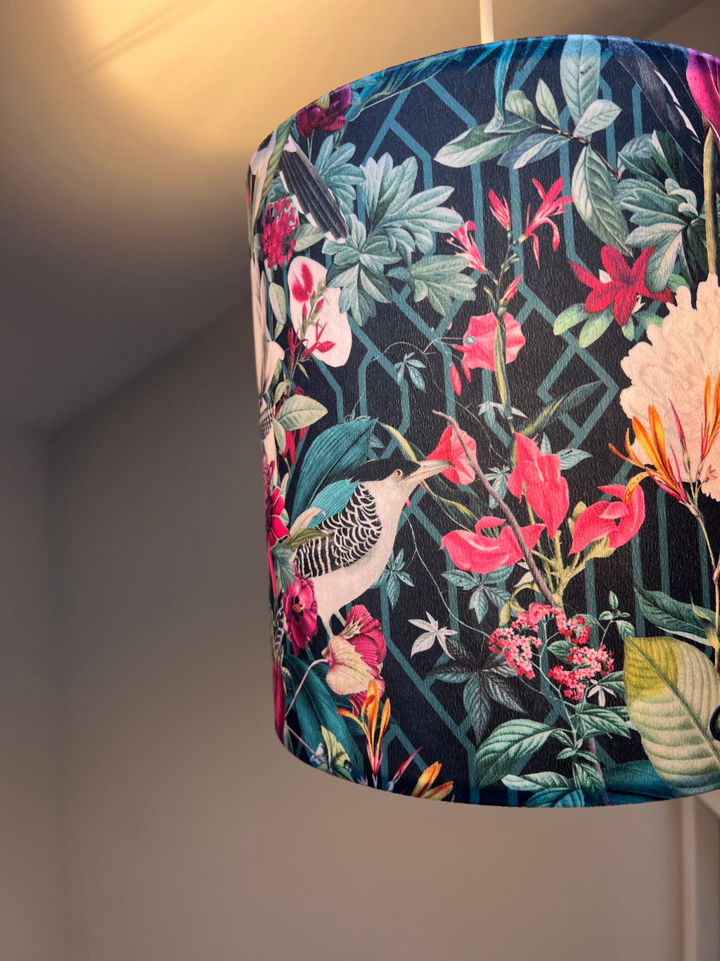 Botanical geometric black velvet lampshade / ceiling shade, with a white lining