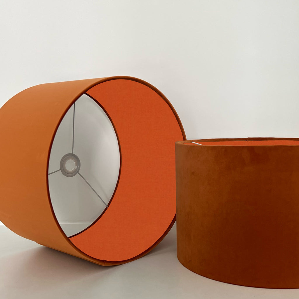 Burnt Orange Velvet & Burnt Orange Cotton Double Sided Drum Lampshade | Handmade Ceiling Light Shade | Bespoke UK