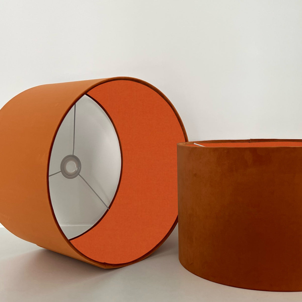 Burnt Orange Velvet & Burnt Orange Cotton Double Sided Drum Lampshade | Handmade Ceiling Light Shade | Bespoke UK