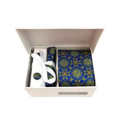 Royal Blue Floral Geometric Tie & Cufflinks Set