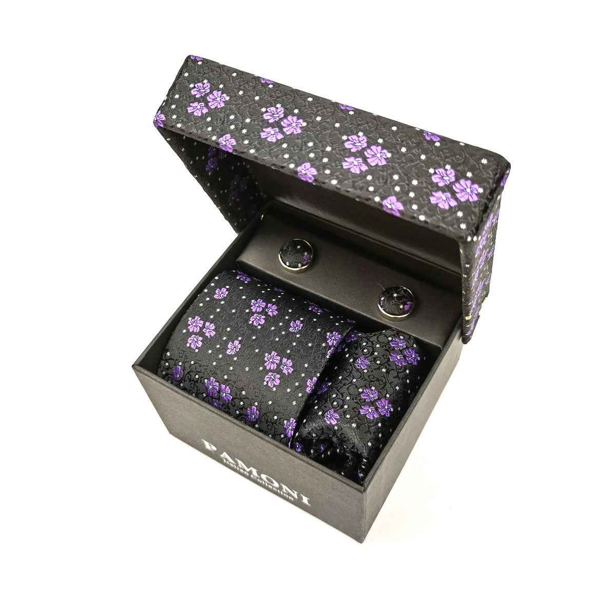 Black Lilac Motif Tie & Cufflinks Set