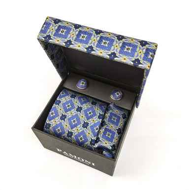 Blue And Grey Geometric Tie & Cufflinks Set