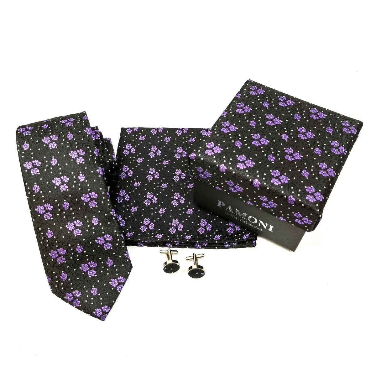 Black Lilac Motif Tie & Cufflinks Set