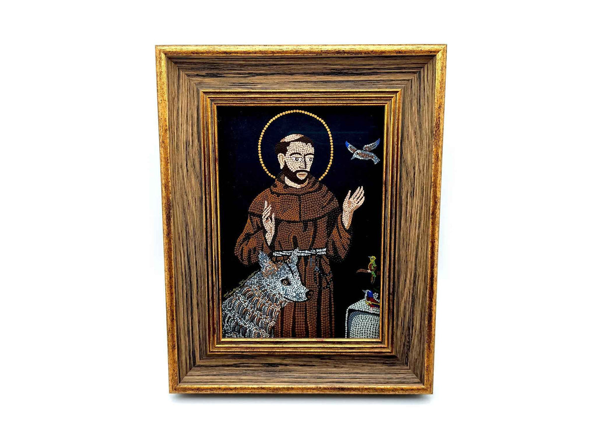 Saint Francis of Assisi hand painted mandala mosaic icon artwork in gilt wood effect picture frame.