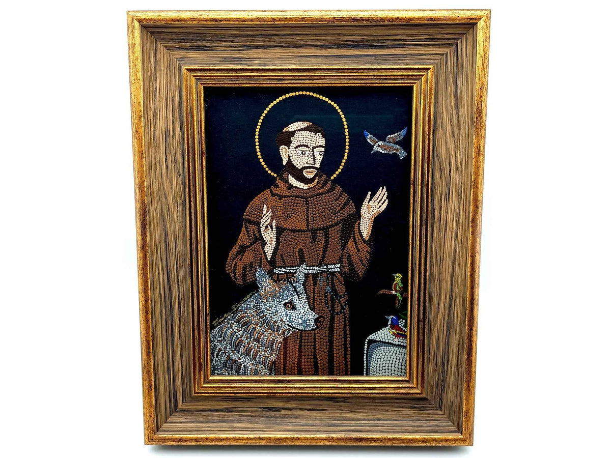Saint Francis of Assisi hand painted mandala mosaic icon artwork in gilt wood effect picture frame.