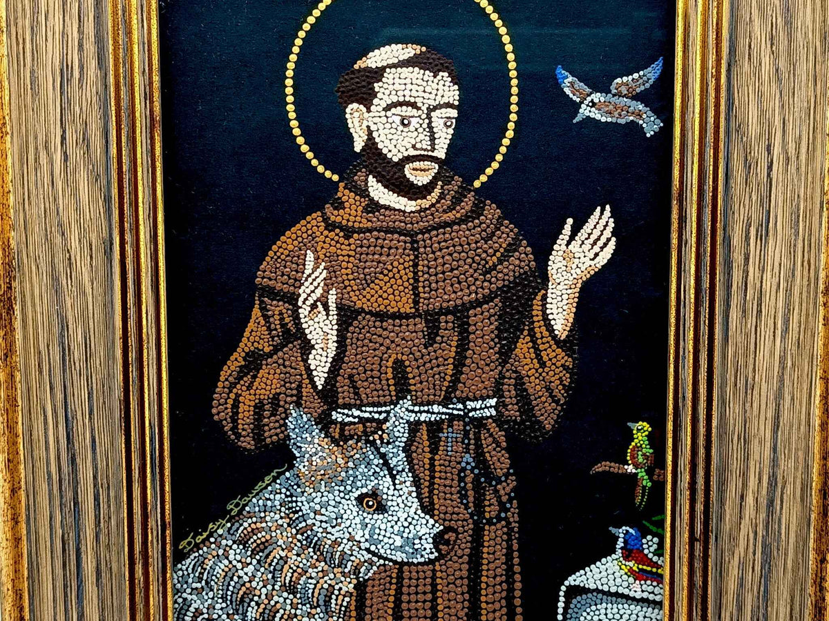 Saint Francis of Assisi hand painted mandala mosaic icon artwork in gilt wood effect picture frame.