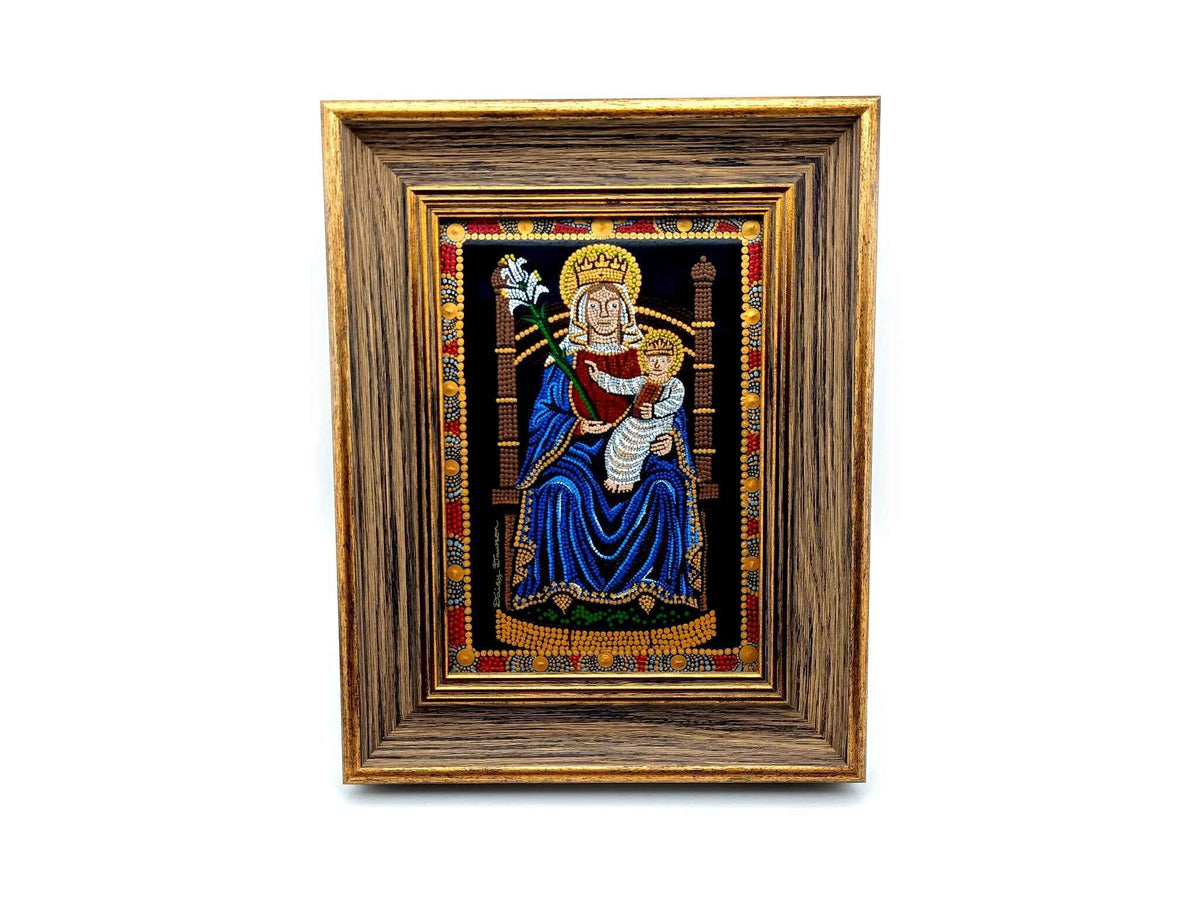 Our Lady of Walsingham hand painted mandala mosaic icon artwork in gilt wood effect picture frame.