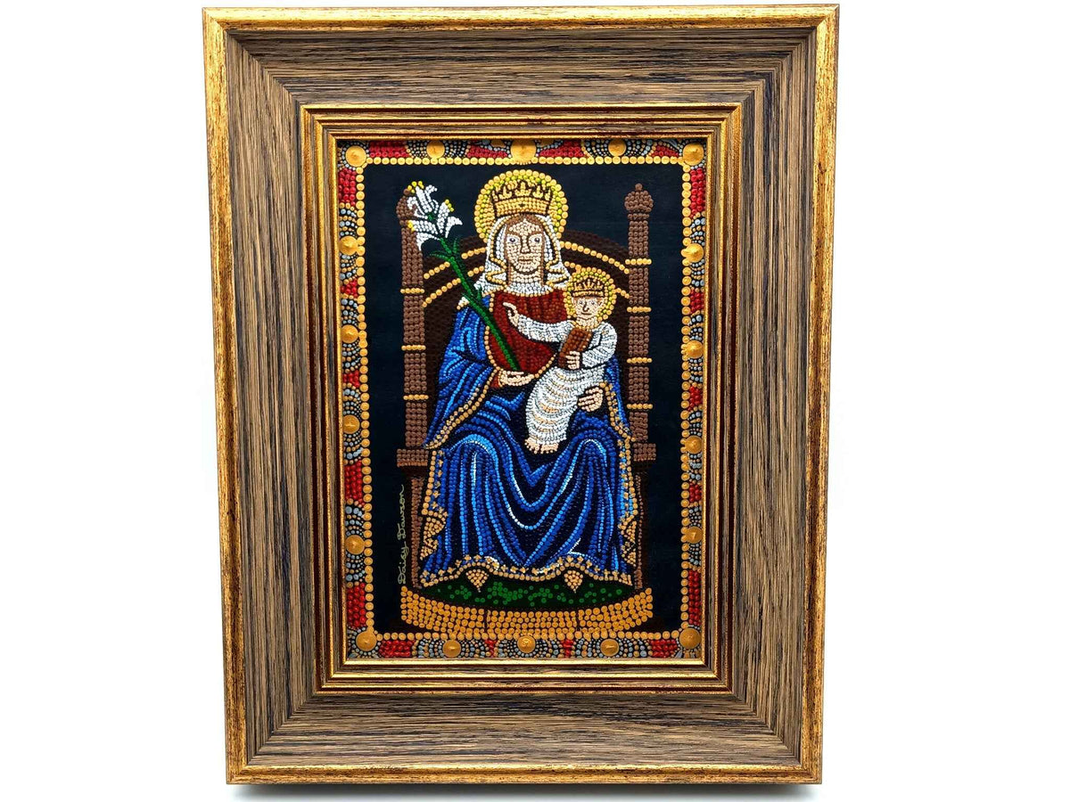 Our Lady of Walsingham hand painted mandala mosaic icon artwork in gilt wood effect picture frame.