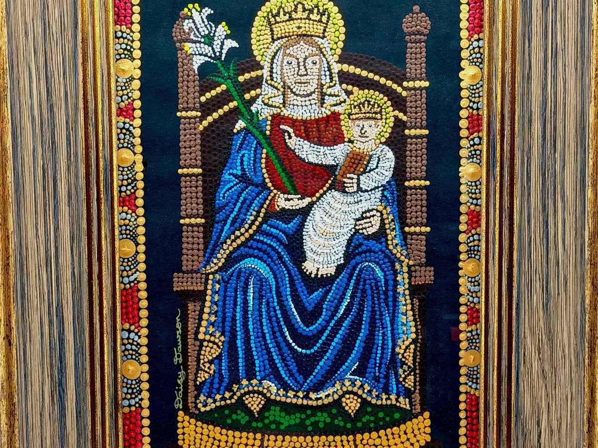 Our Lady of Walsingham hand painted mandala mosaic icon artwork in gilt wood effect picture frame.