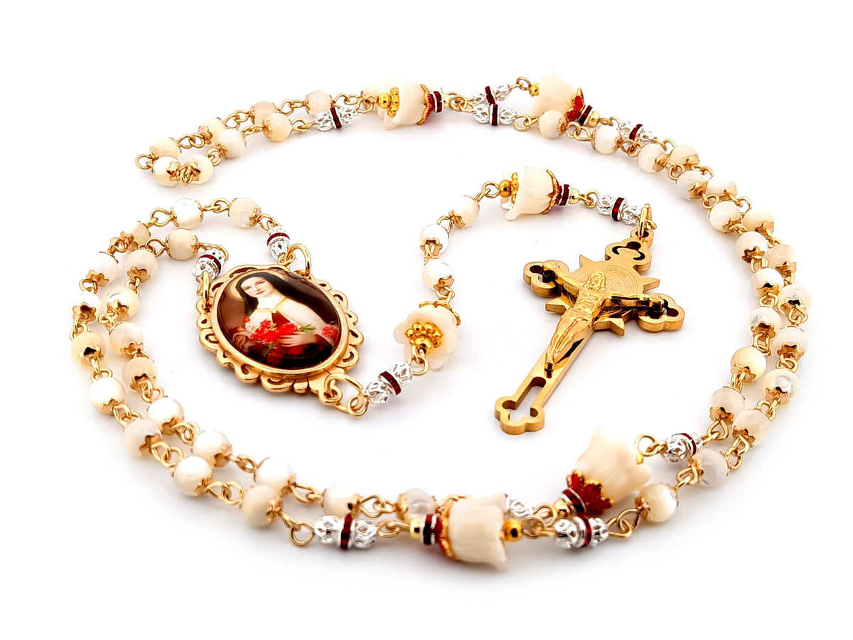 Saint Therese of Lisieux mother of pearl rosary beads with gold plated Saint Benedict crucifix.