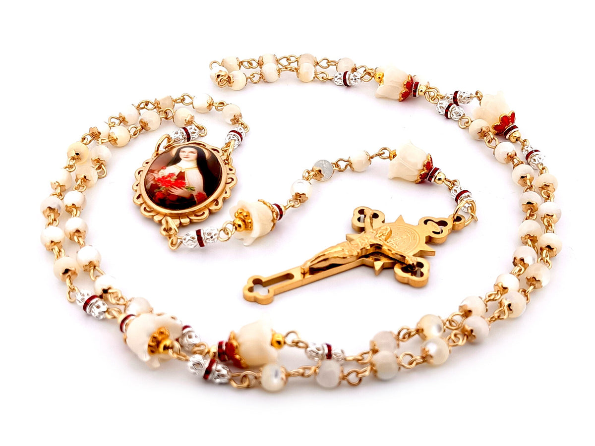 Saint Therese of Lisieux mother of pearl rosary beads with gold plated Saint Benedict crucifix.