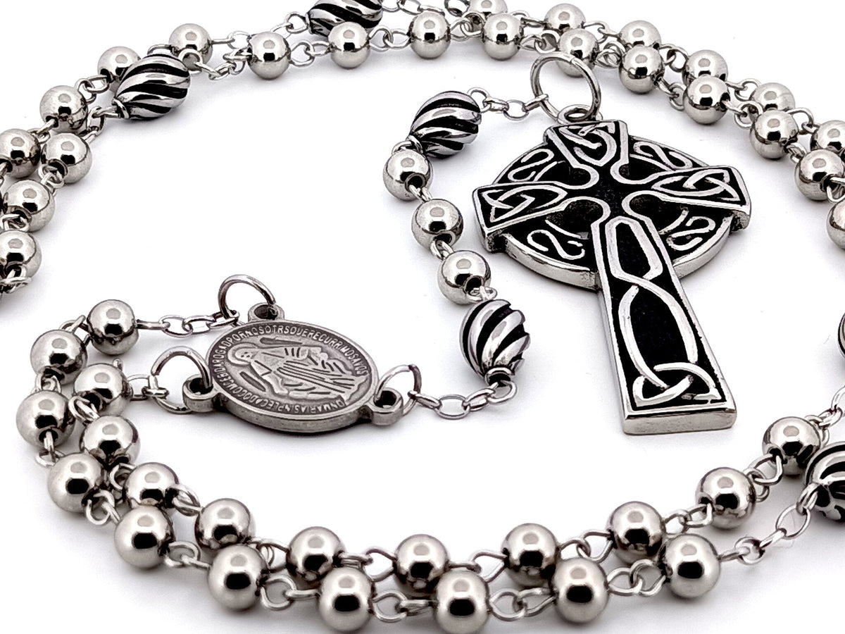 Miraculous Medal 304 stainless steel rosary beads with stainless steel Celtic Cross.