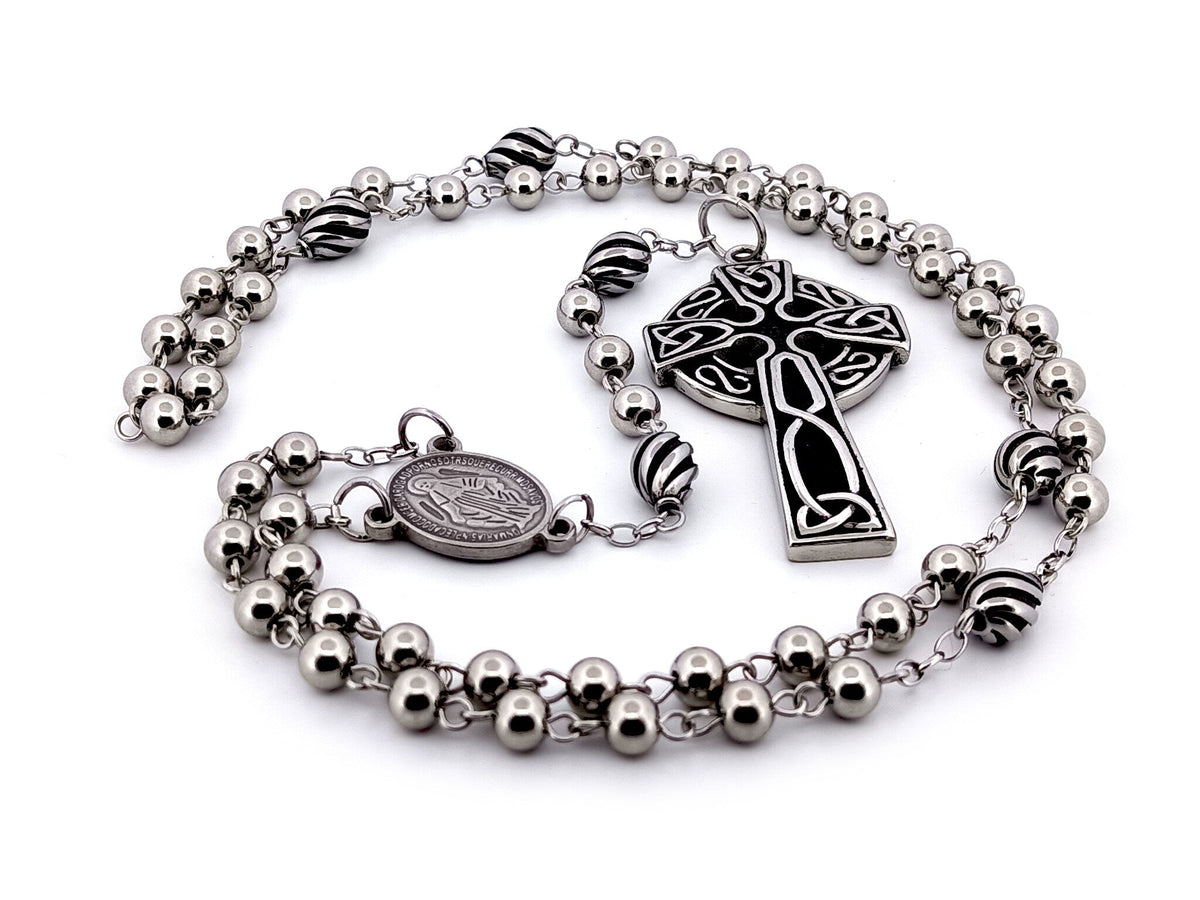 Miraculous Medal 304 stainless steel rosary beads with stainless steel Celtic Cross.
