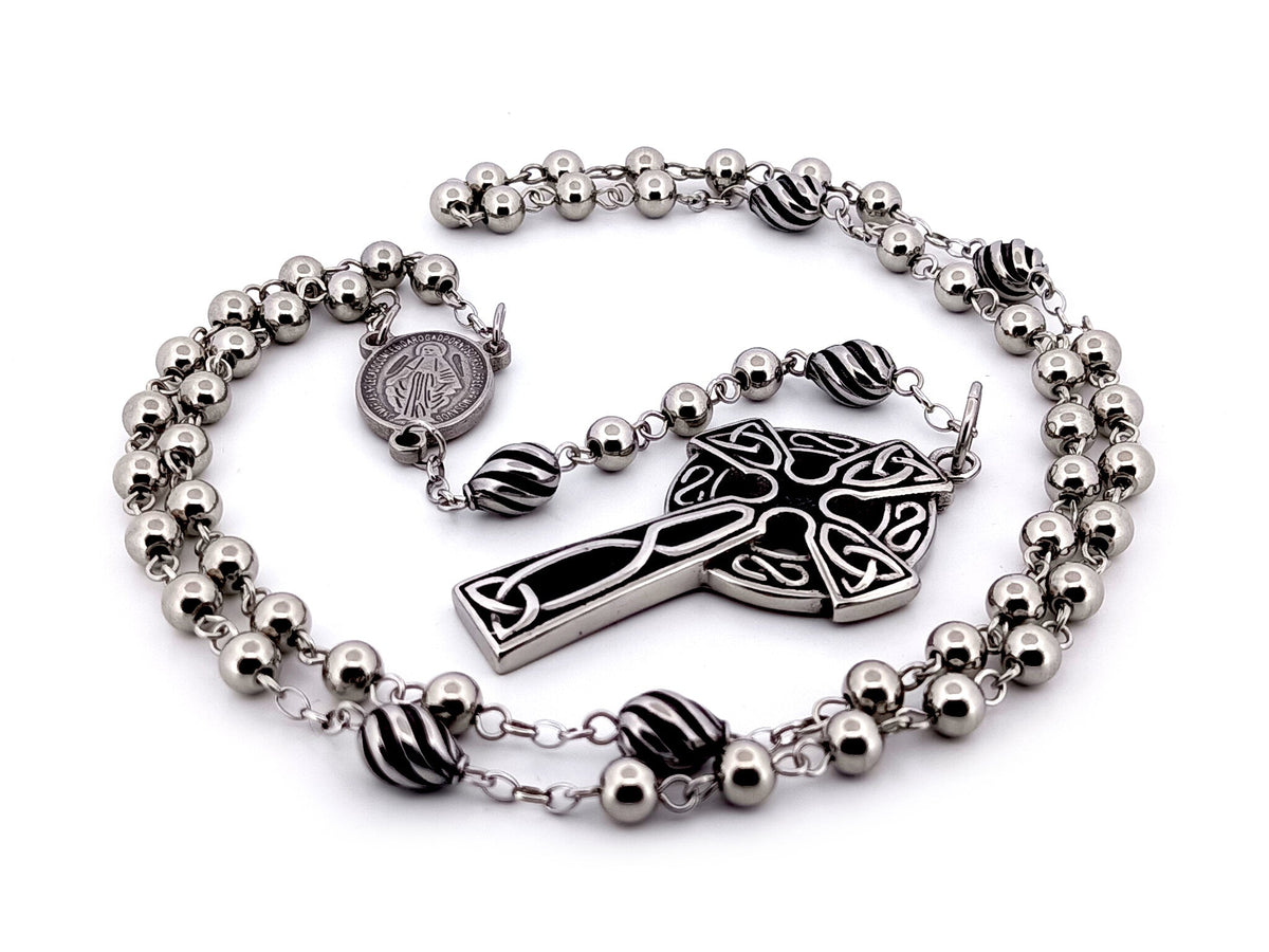 Miraculous Medal 304 stainless steel rosary beads with stainless steel Celtic Cross.