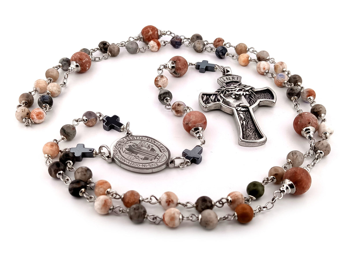 Saint Benedict rhodonite and sesame jasper gemstone rosary beads with stainless steel crown of thorns crucifix.