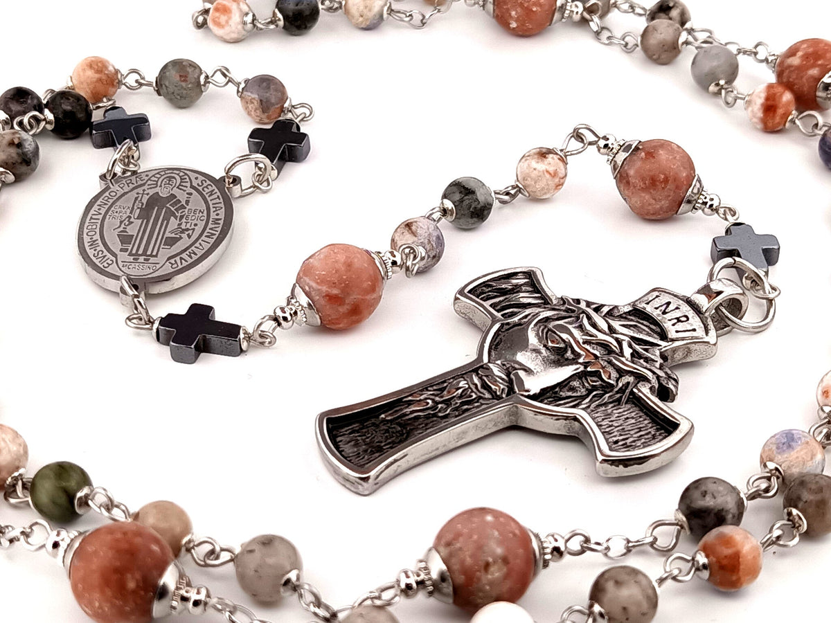 Saint Benedict rhodonite and sesame jasper gemstone rosary beads with stainless steel crown of thorns crucifix.