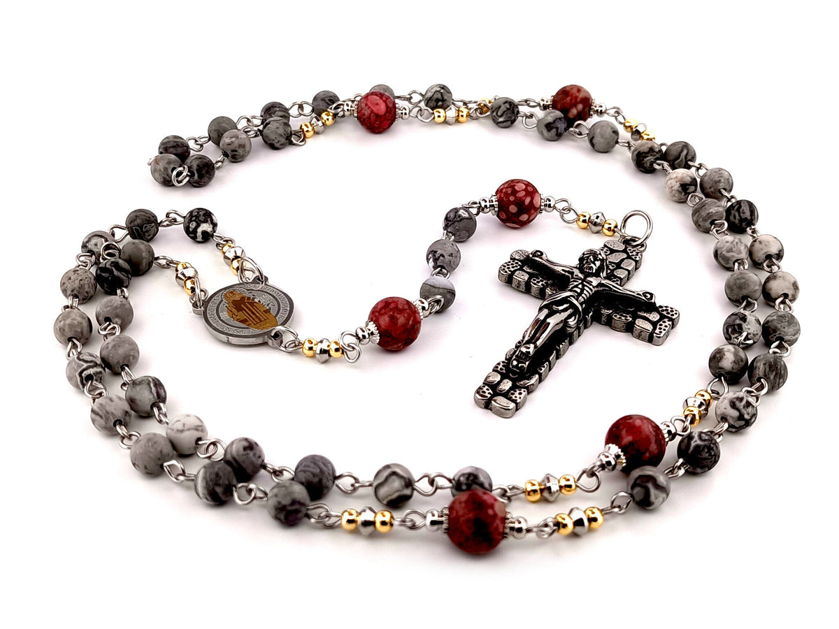 Saint Benedict map stone jasper and maifan gemstone rosary beads with cobble style crucifix.