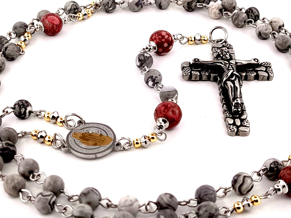 Saint Benedict map stone jasper and maifan gemstone rosary beads with cobble style crucifix.