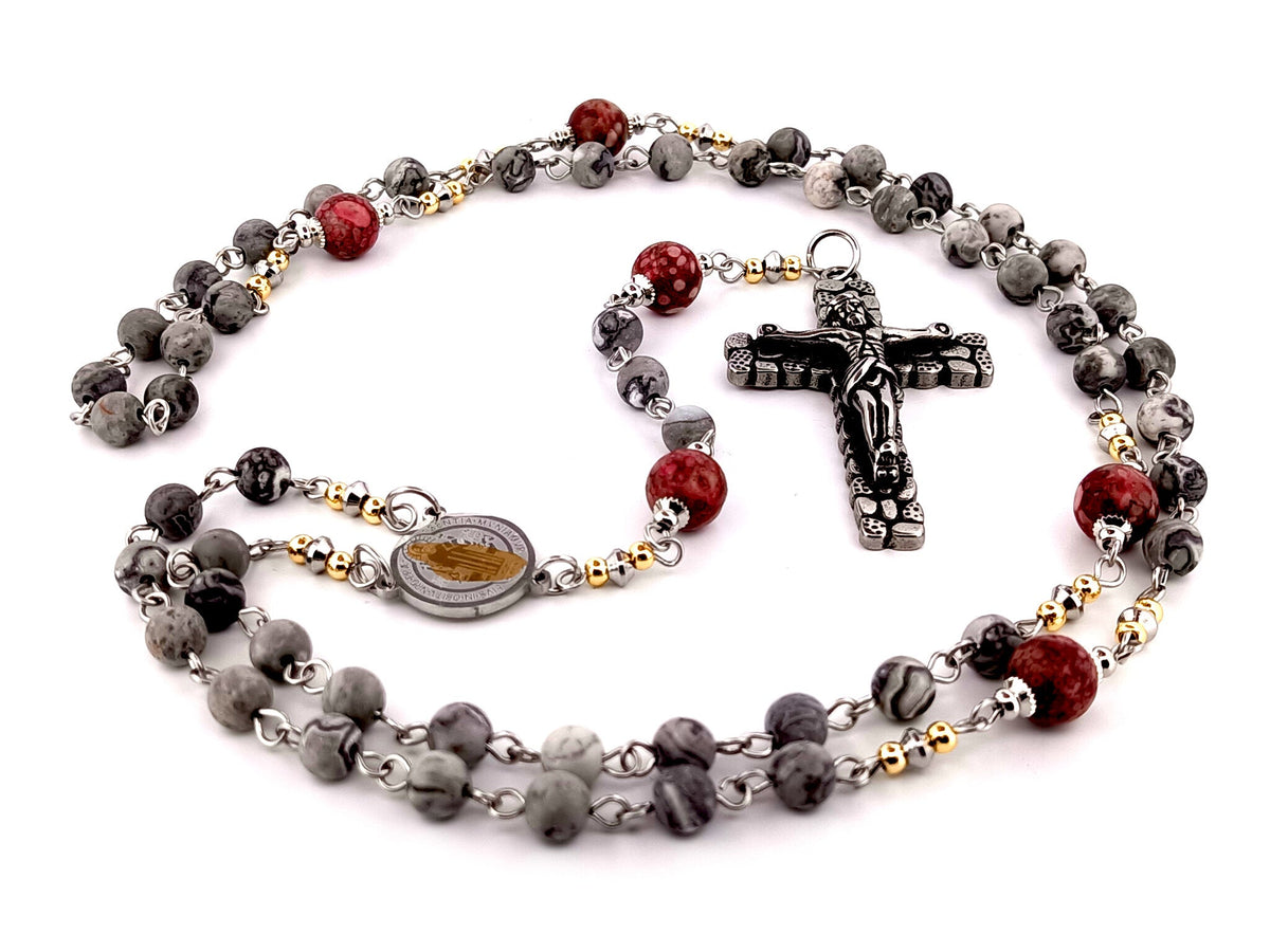 Saint Benedict map stone jasper and maifan gemstone rosary beads with cobble style crucifix.