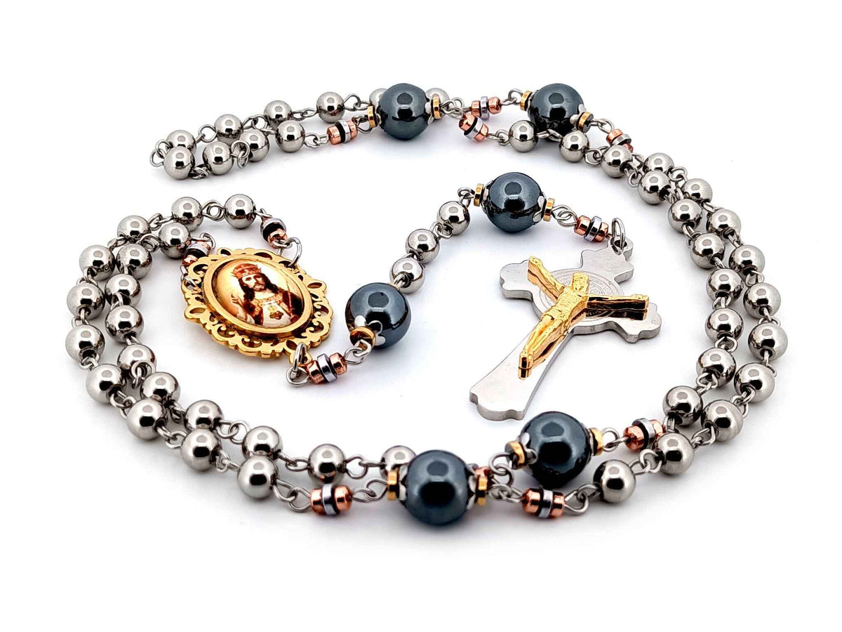 Christ the King stainless steel and hematite gemstone rosary beads with stainless steel Saint Benedict crucifix.