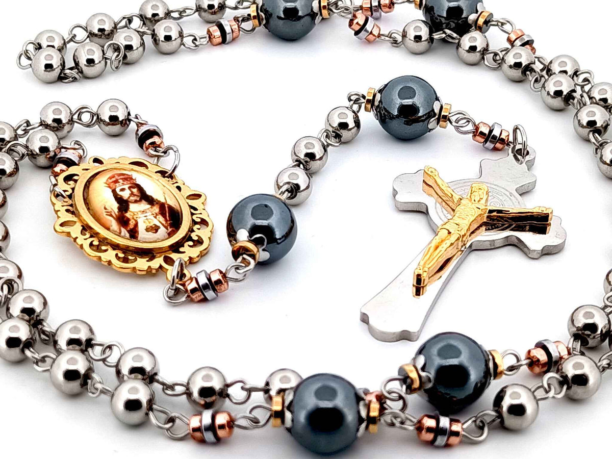 Christ the King stainless steel and hematite gemstone rosary beads with stainless steel Saint Benedict crucifix.