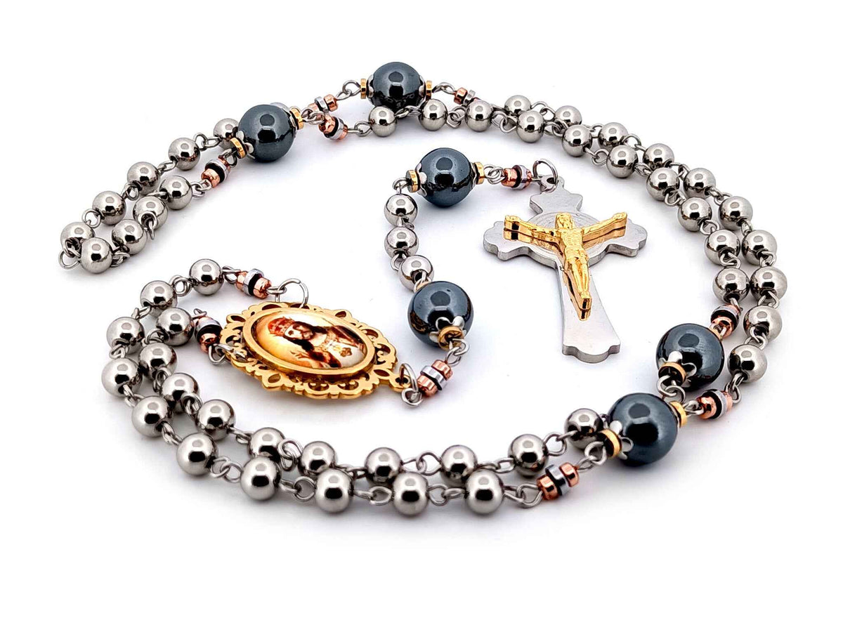 Christ the King stainless steel and hematite gemstone rosary beads with stainless steel Saint Benedict crucifix.