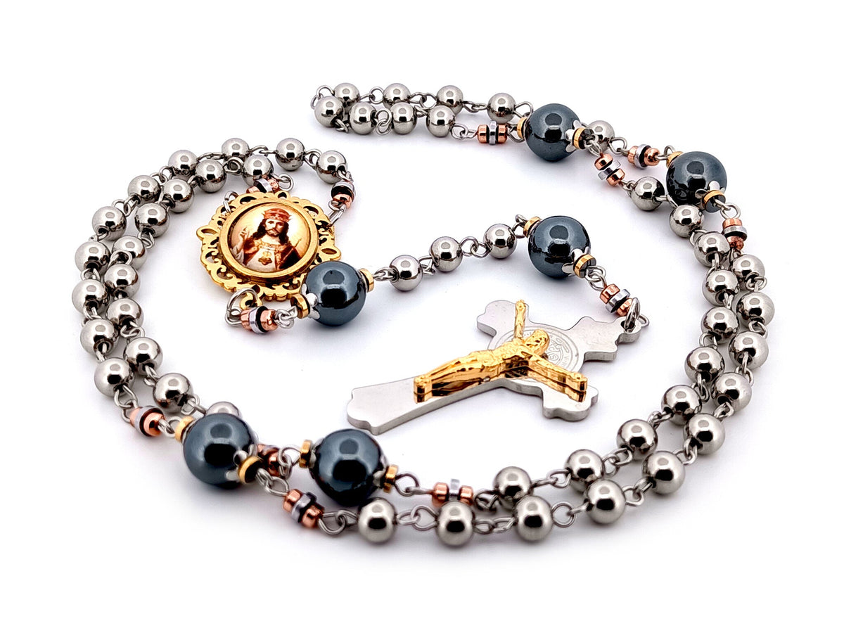 Christ the King stainless steel and hematite gemstone rosary beads with stainless steel Saint Benedict crucifix.