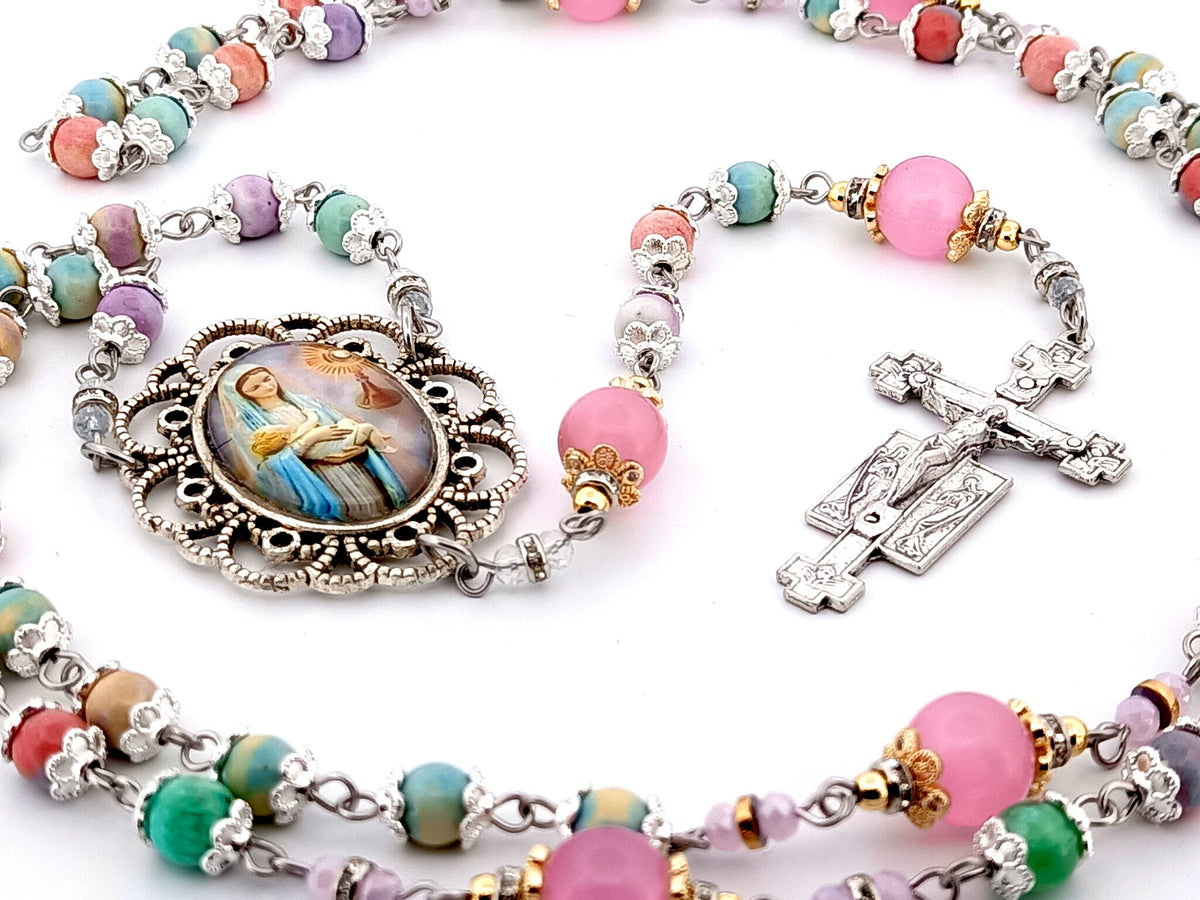 The Presentation of Jesus rainbow agate gemstone and cats eye glass rosary beads with two angels crucifix.