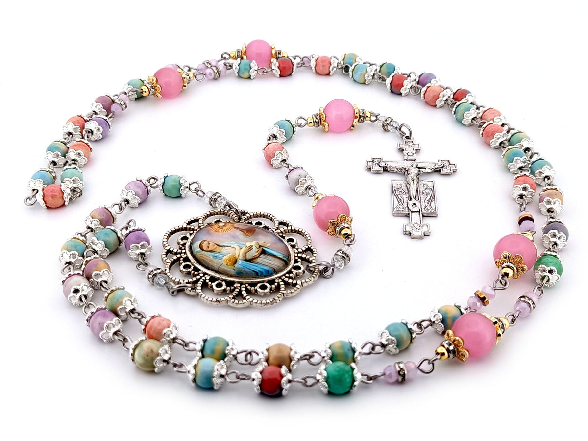 The Presentation of Jesus rainbow agate gemstone and cats eye glass rosary beads with two angels crucifix.