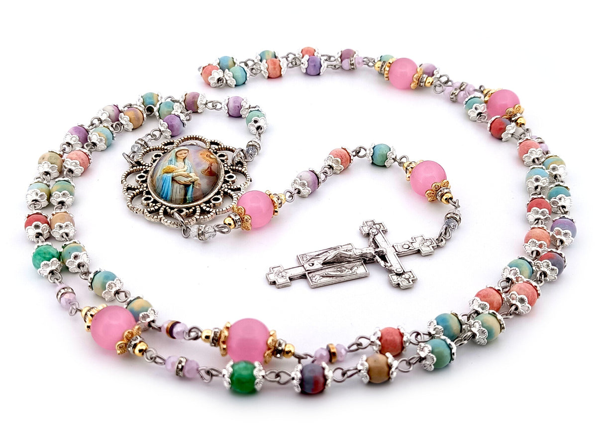 The Presentation of Jesus rainbow agate gemstone and cats eye glass rosary beads with two angels crucifix.