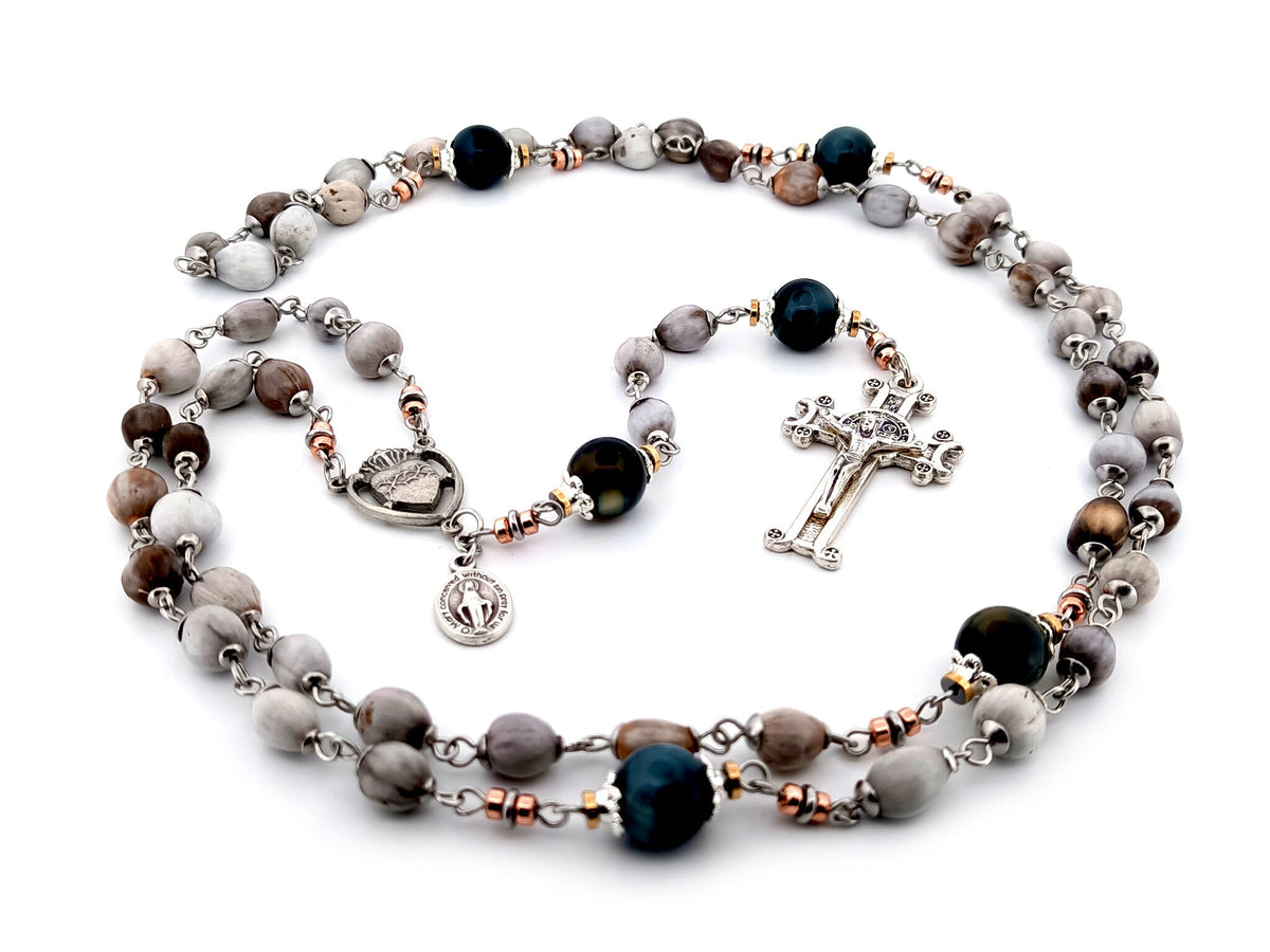 Sacred Heart job tears and tigers eye gemstone rosary beads with Saint Benedict scroll crucifix.