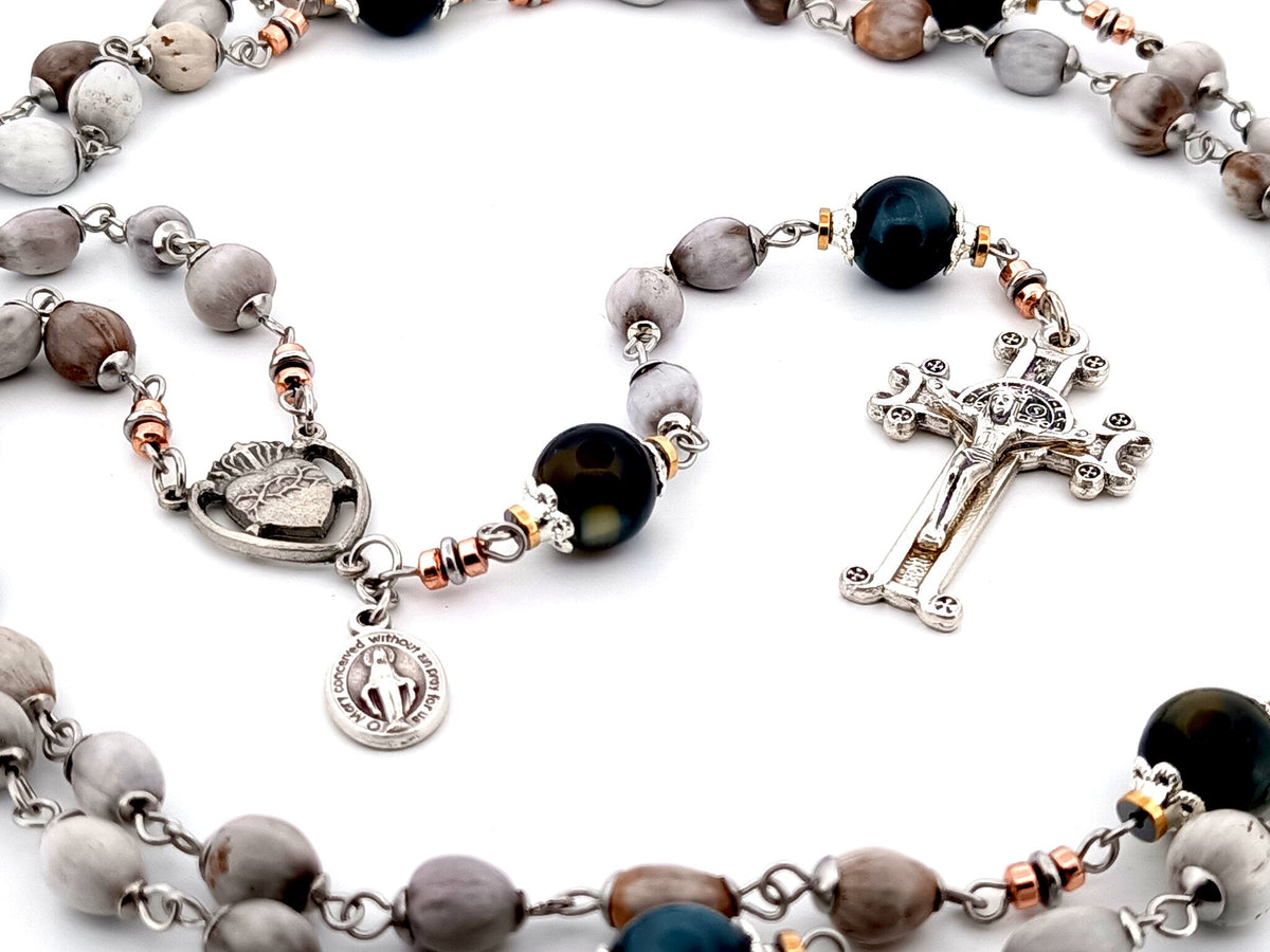Sacred Heart job tears and tigers eye gemstone rosary beads with Saint Benedict scroll crucifix.